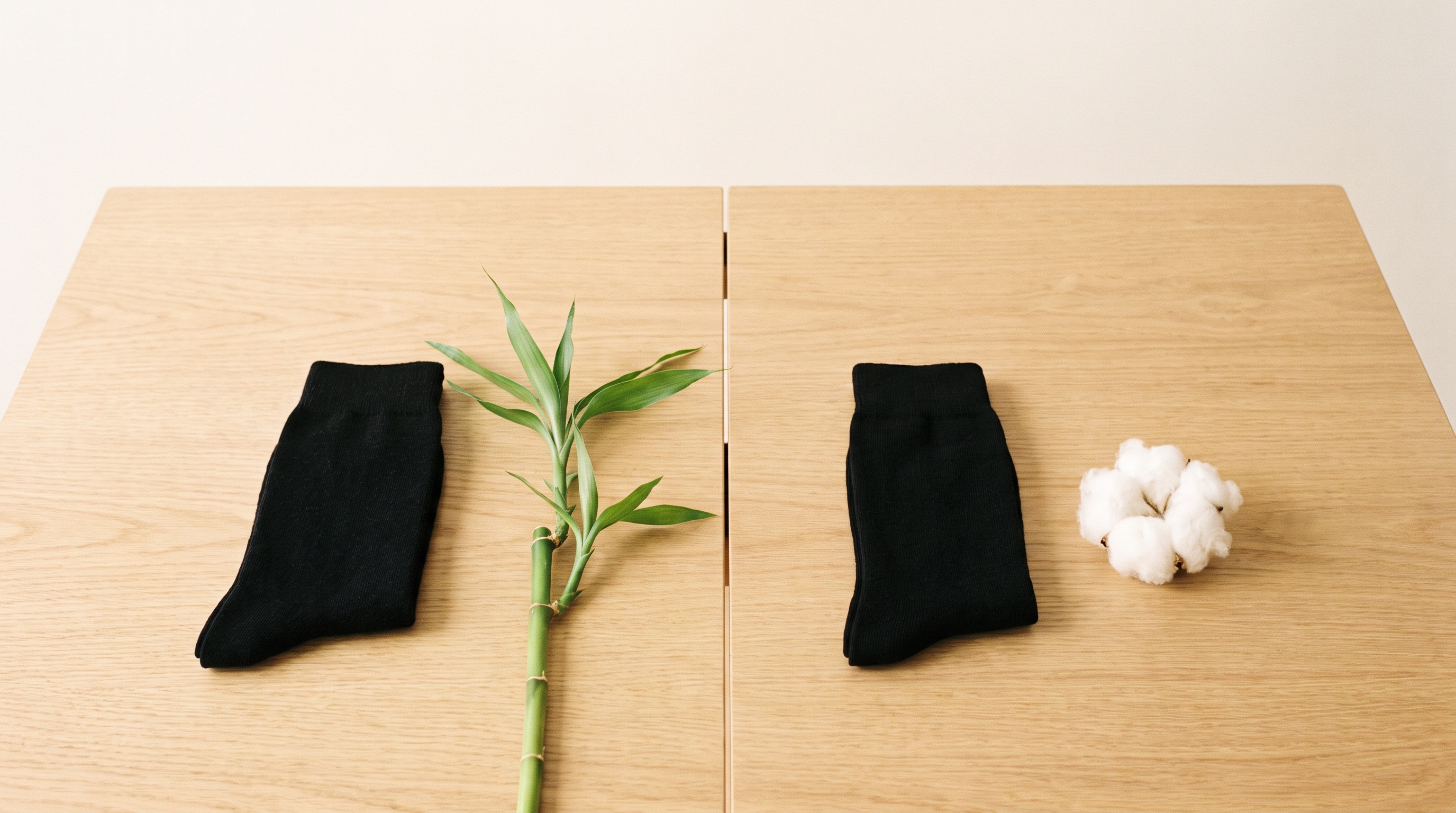 Twee opgevouwen zwarte sokken op een eiken tafel, links een bamboestengel en rechts een pluk katoen