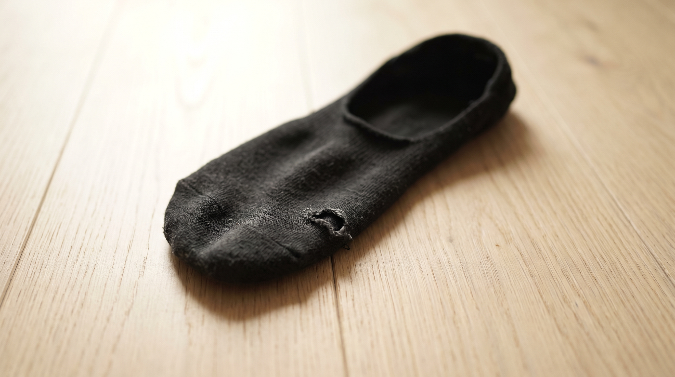 Versleten zwarte sok op een eiken vloer met een klein gat bij de grote teen
