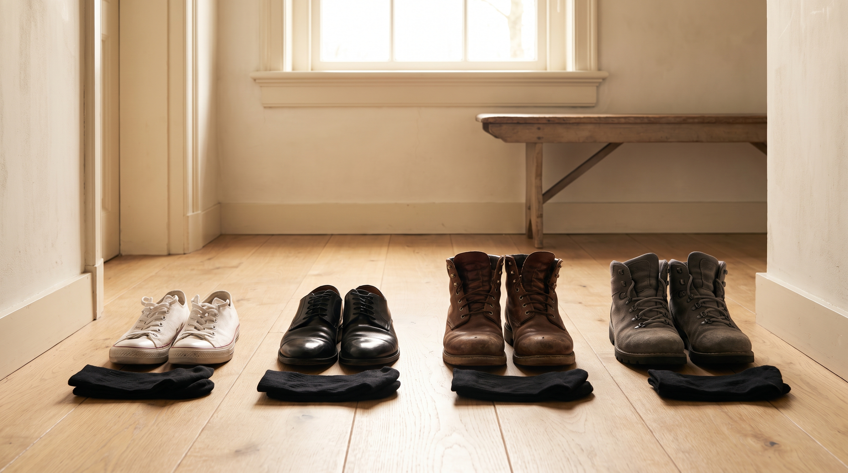Vier paar schoenen op een rij in een hal, met bij elk paar een opgevouwen zwarte sok