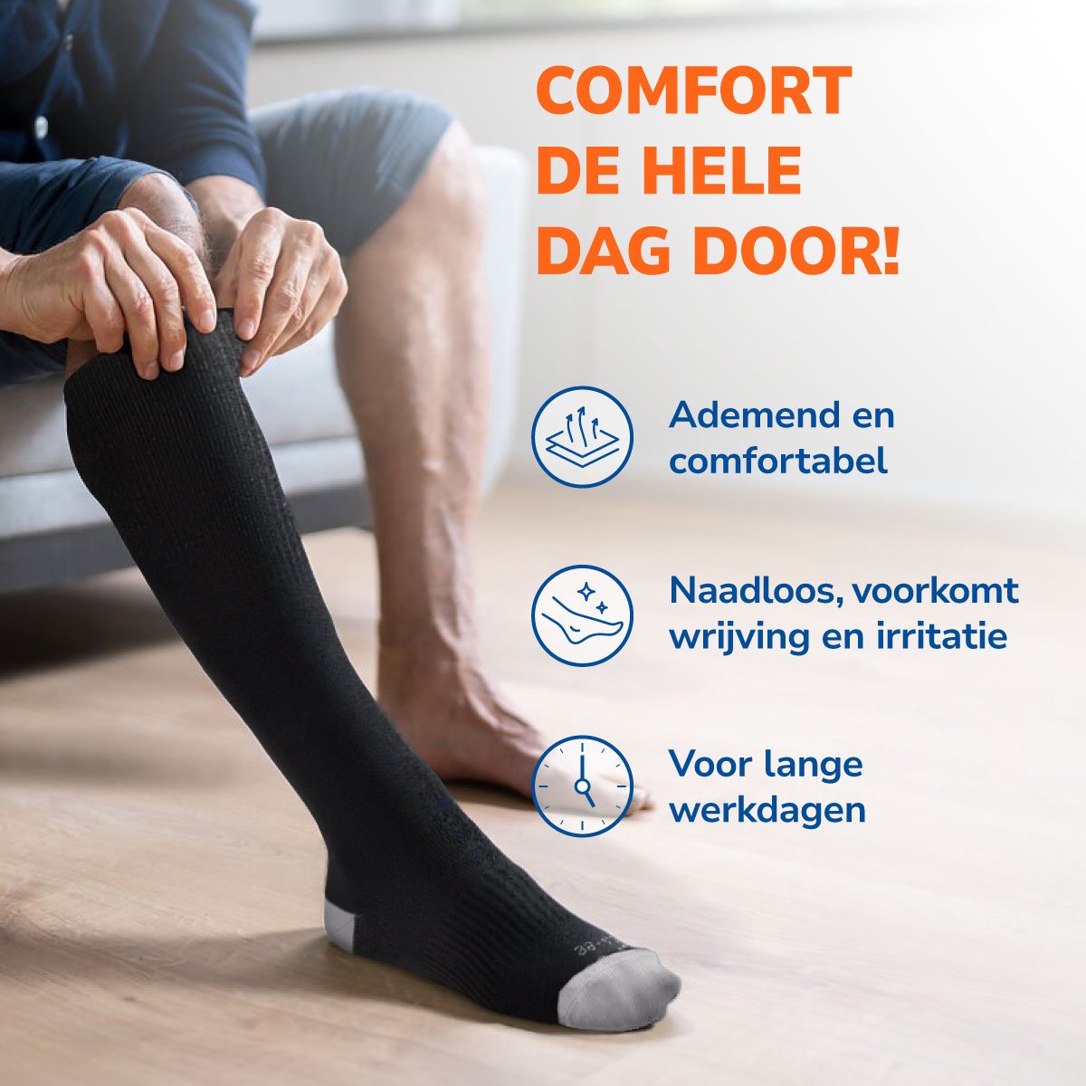 Zwarte compressiekous tot onder de knie, ademend en naadloos voor lange werkdagen