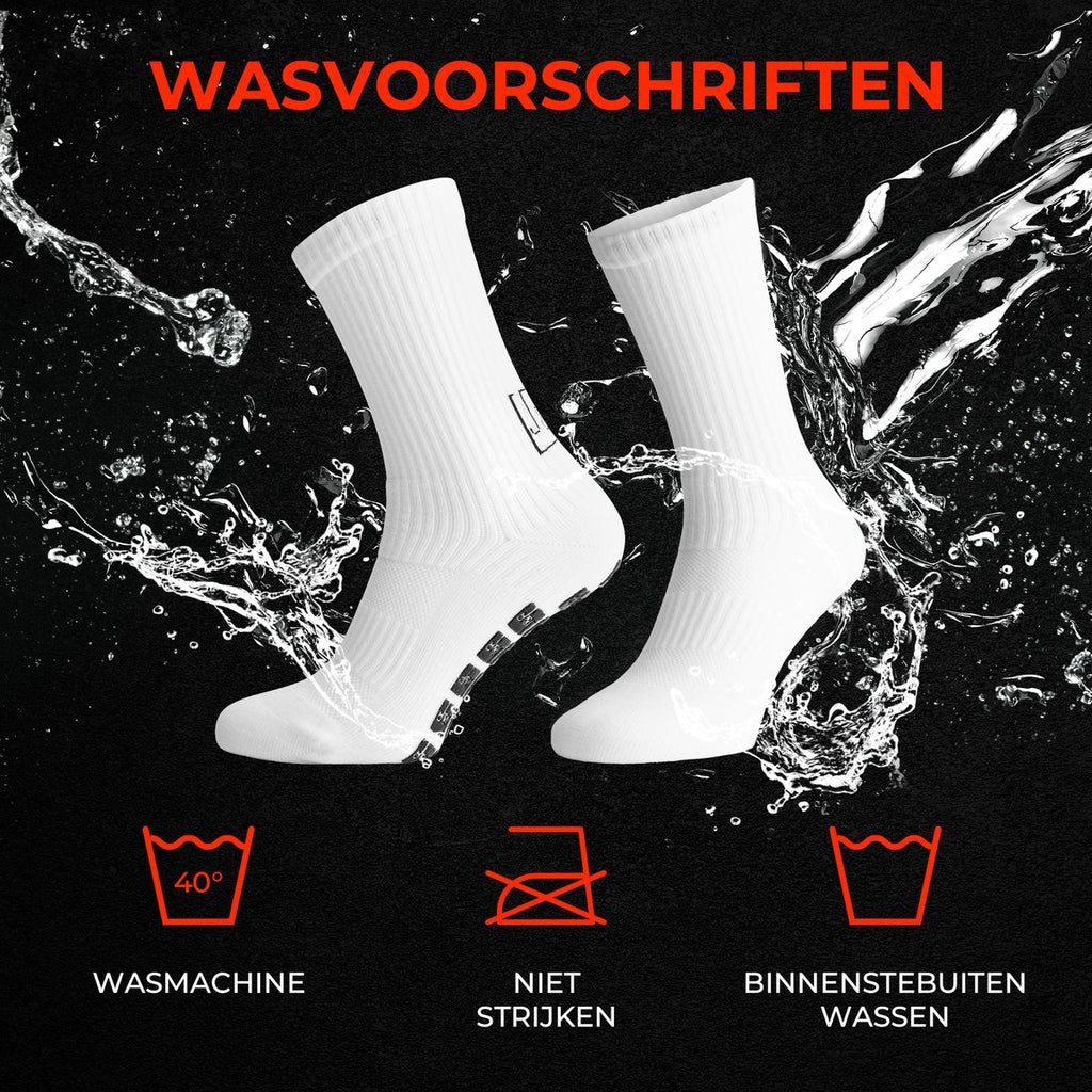 Wasvoorschrift van de gripsokken: wasmachine op 40 graden, niet strijken, binnenstebuiten wassen