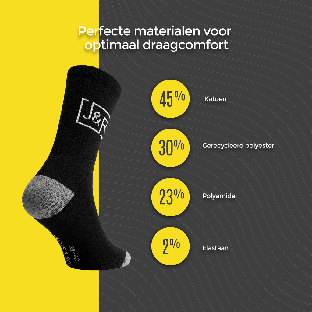 Materiaalopbouw van de werksokken: 45% katoen, 30% gerecycled polyester, 23% polyamide en 2% elastaan