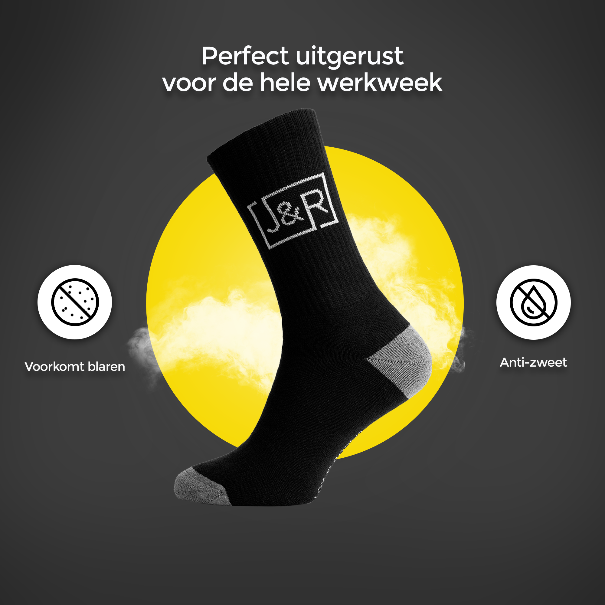 Zwarte werksok die blaren voorkomt en zweet tegengaat, voor de hele werkweek