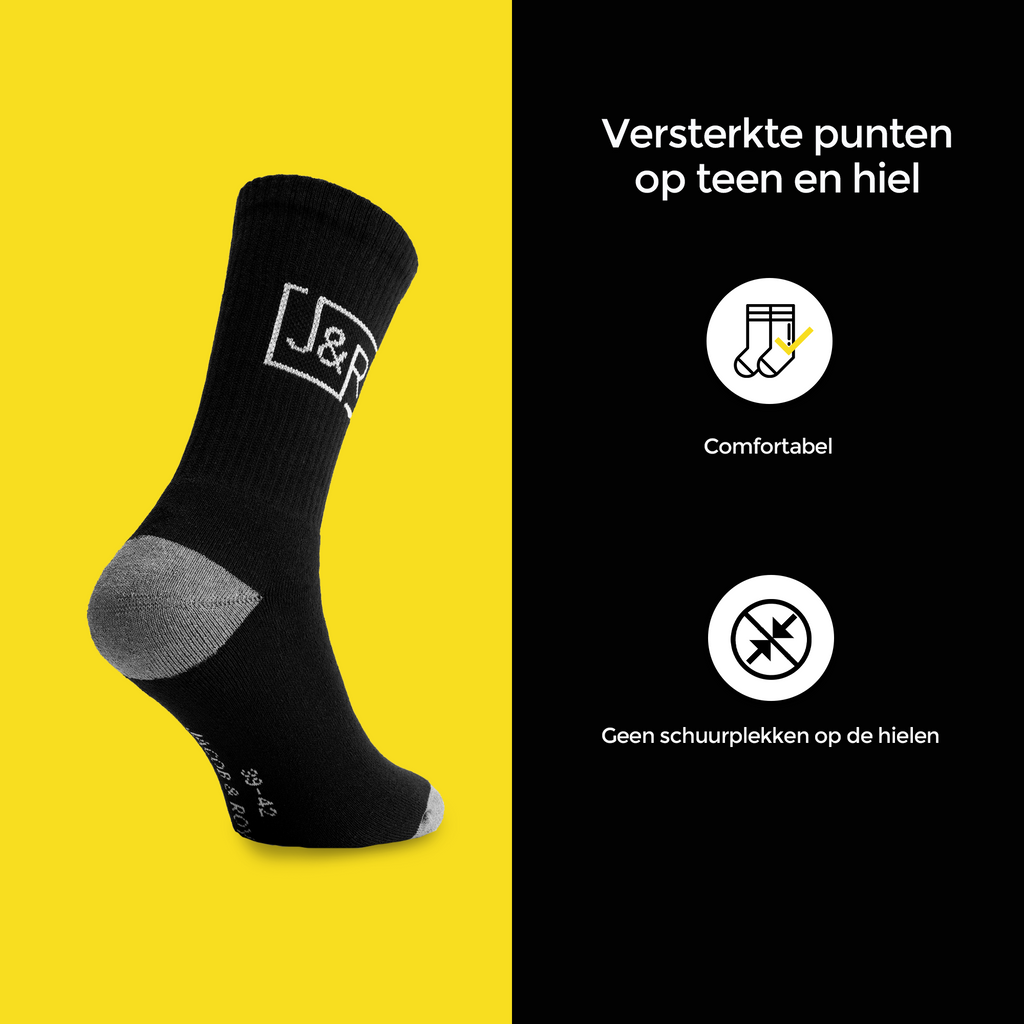 Zwarte werksok met versterkte punten op teen en hiel, zonder schuurplekken