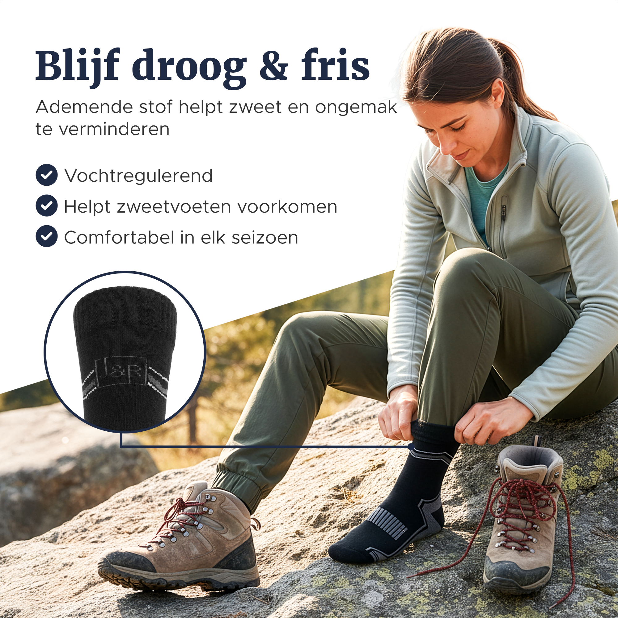 Wandelaarster trekt haar wandelschoenen aan, met ademende wandelsokken