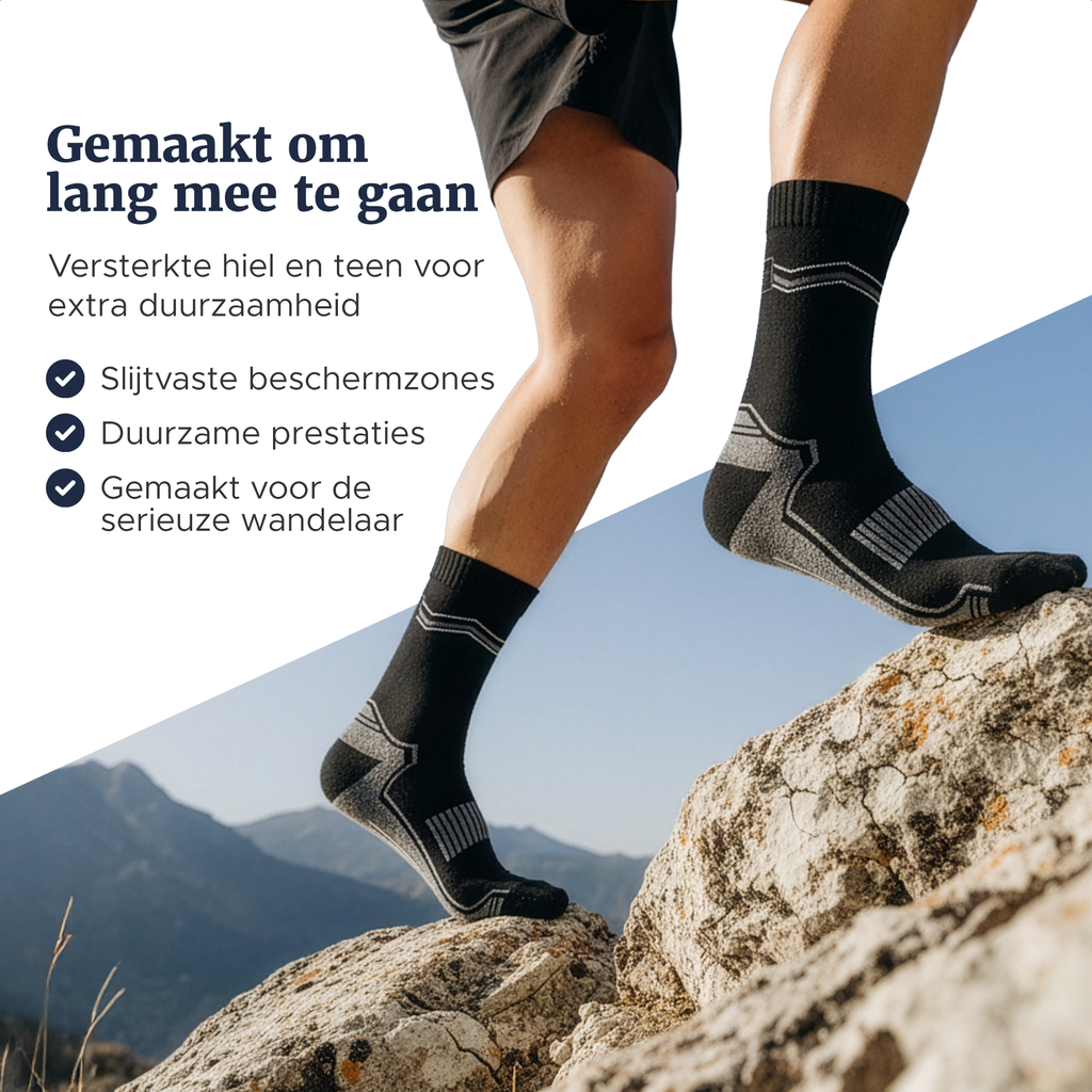 Wandelsok met versterkte hiel en teen en slijtvaste beschermzones, op de rotsen
