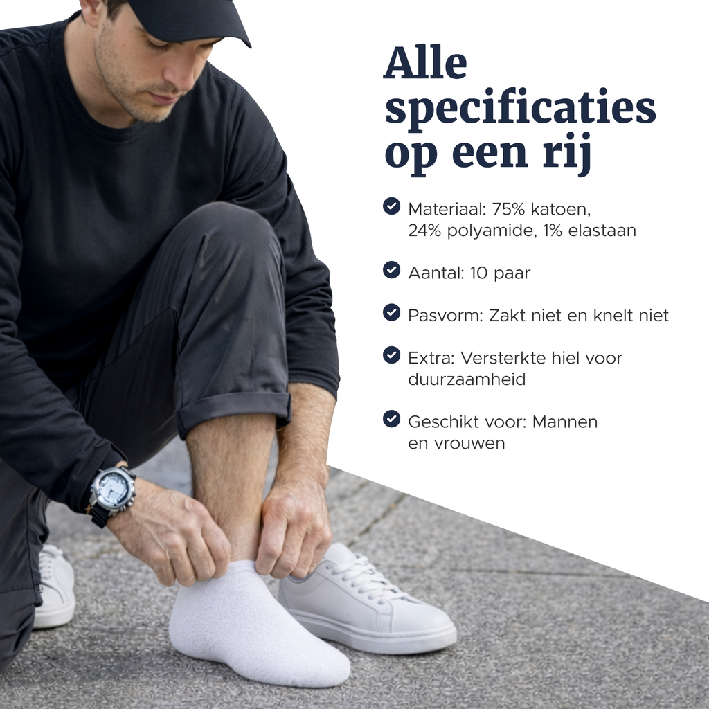 Man met pet trekt zijn witte sneakersok recht bij witte sneakers