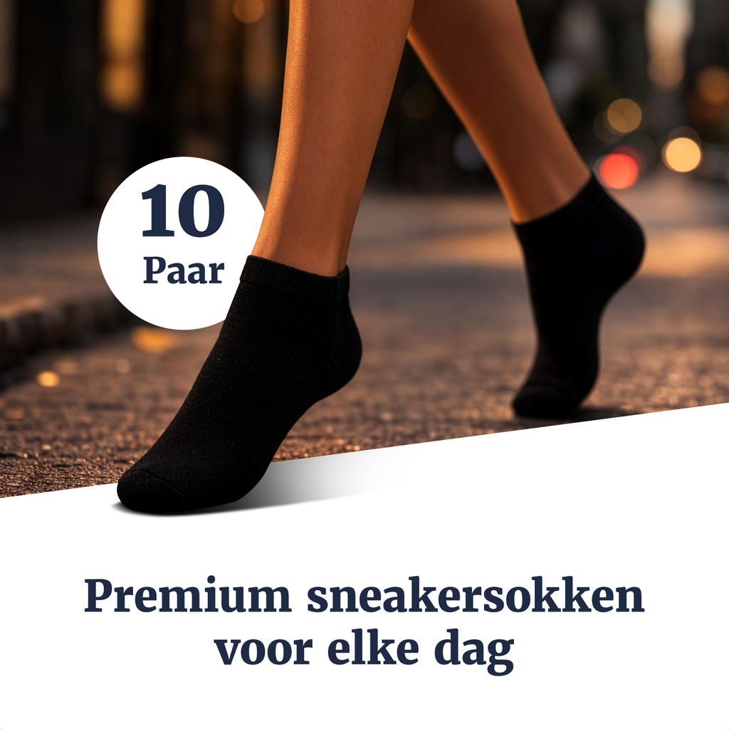 Zwarte sneakersokken gedragen op straat, tot net boven de schoenrand