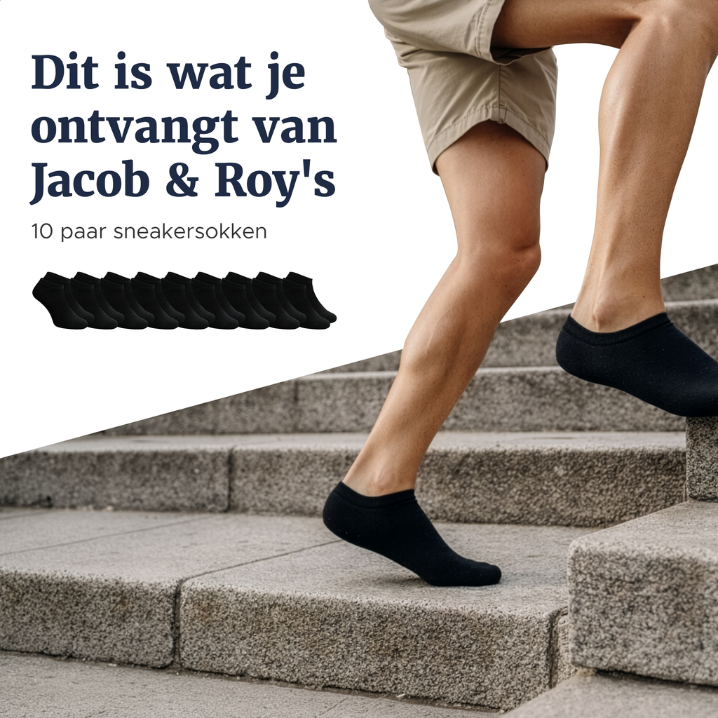 Zwarte sneakersok gedragen op een trap, met tien paar in de verpakking