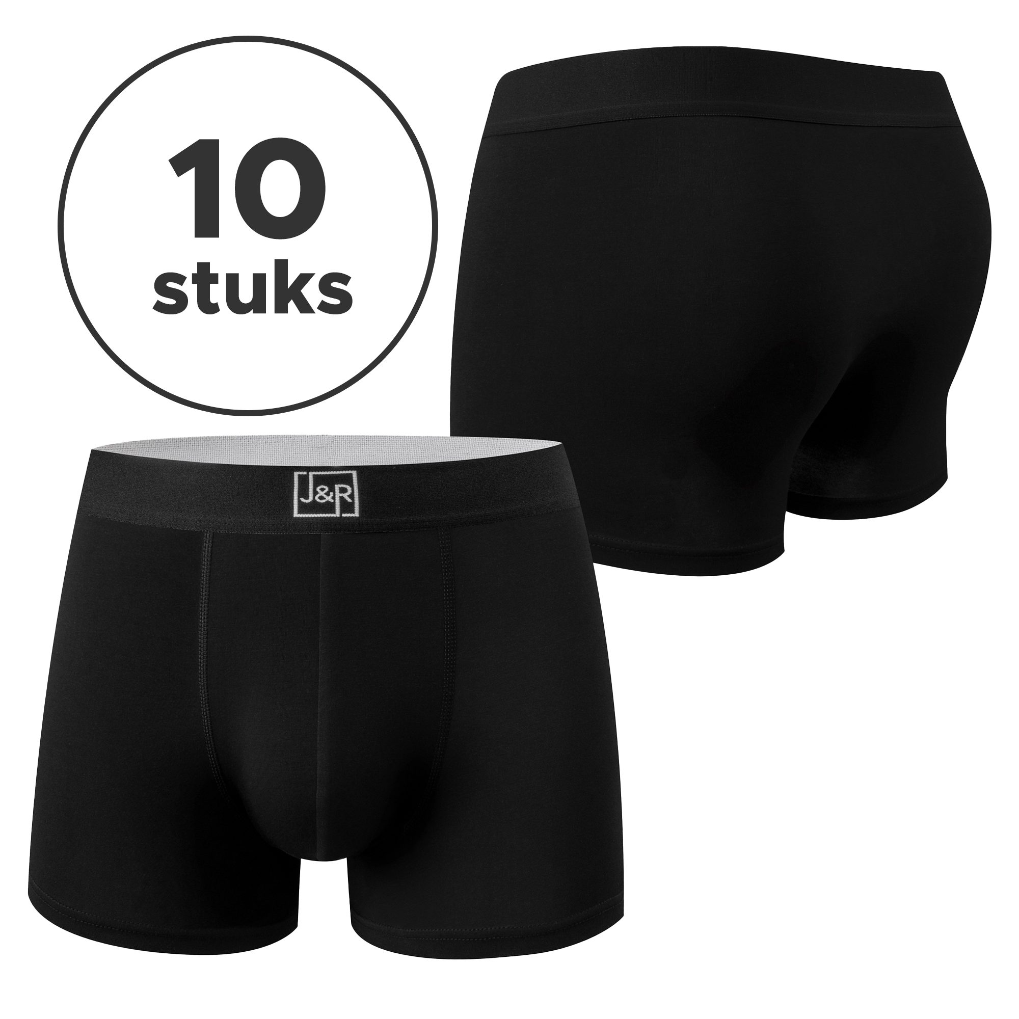 Tien zwarte boxershorts van Jacob en Roy's, voorkant en achterkant