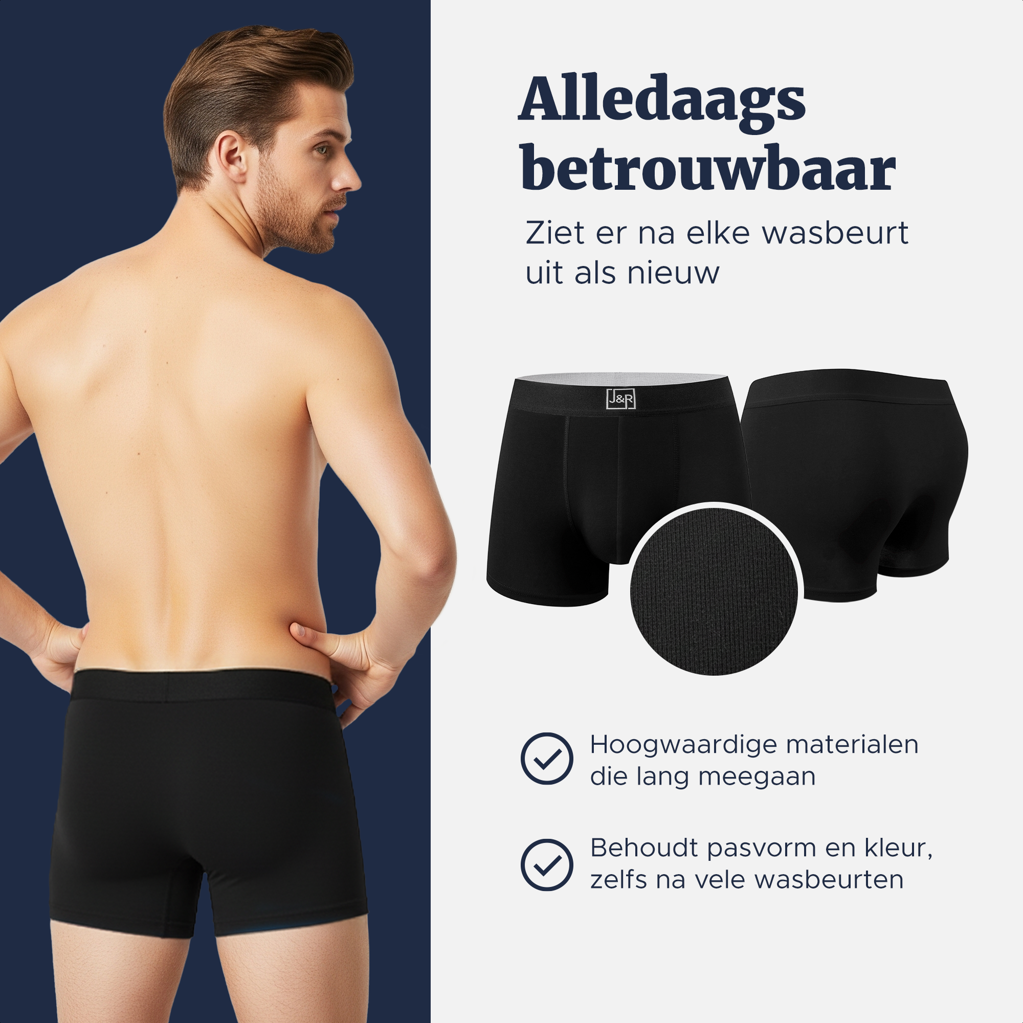 Zwarte boxershort van voren en van achteren, blijft na wassen in model