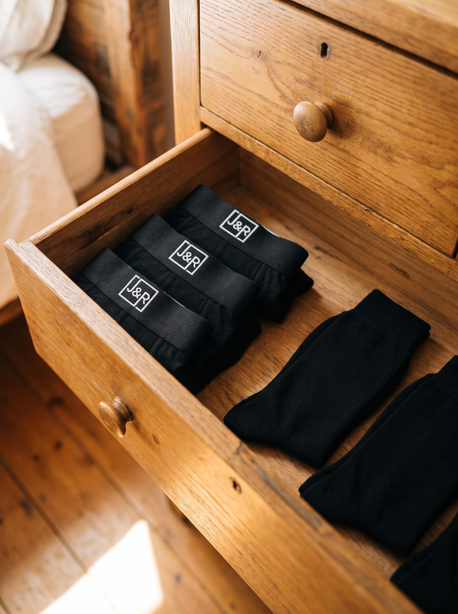 Boxershorts en zwarte sokken samen in de la